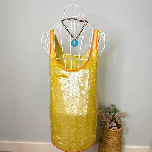Gorgeous vintage yellow silk sequin abstract mini embroidered babydoll dress - Picture 5 of 6